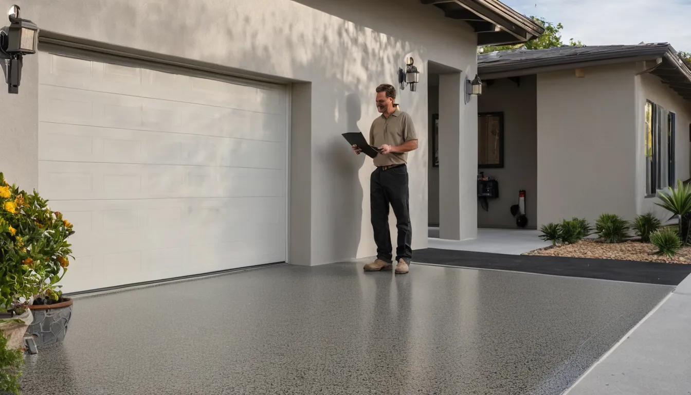 Homeowner and a local provider reviewing a freshly coated polyaspartic garage floor in Riverside