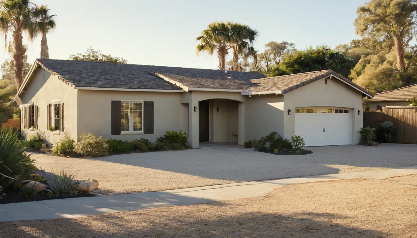 Stucco ranch home with an open garage in the Riverside area